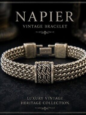 Vintage Napier Silver Tone Woven Chain Bracelet 7.25 Signed Fold Over Clasp